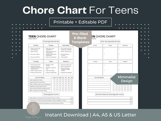 Chore Chart for Teens | Cleaning Planner | ADHD Cleaning Checklist
