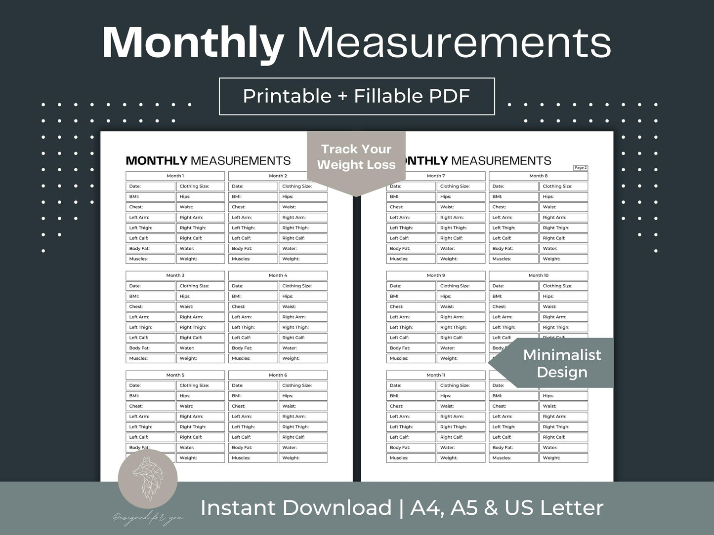 Monthly Measurements | Weight Loss Printable | Weight Loss Motivation